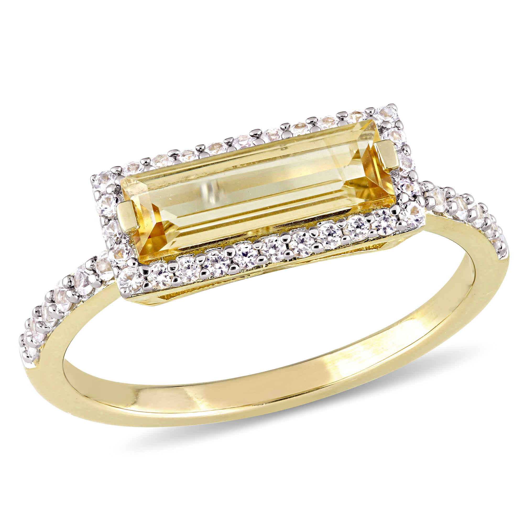 Baguette Cut Citrine and White Sapphire Halo Ring in Yellow Plated ...