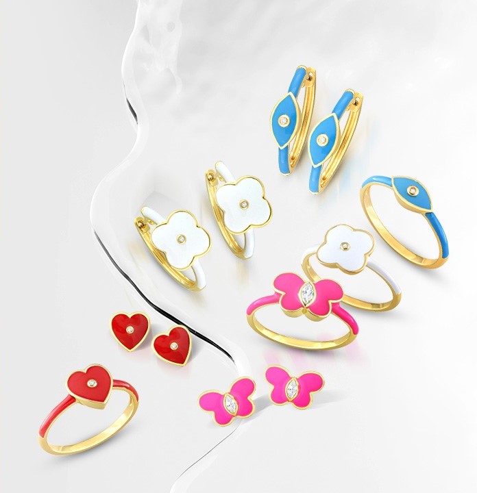 enamel jewelry in bright colors with a diamond center piece