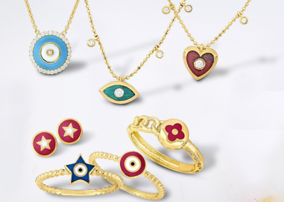 coloful yellow gold and diamond enamel jewelry