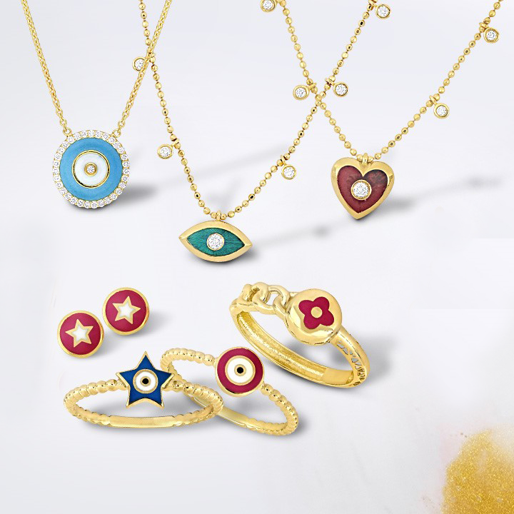 colorful enamel and diamond rings in yelow and white gold gold