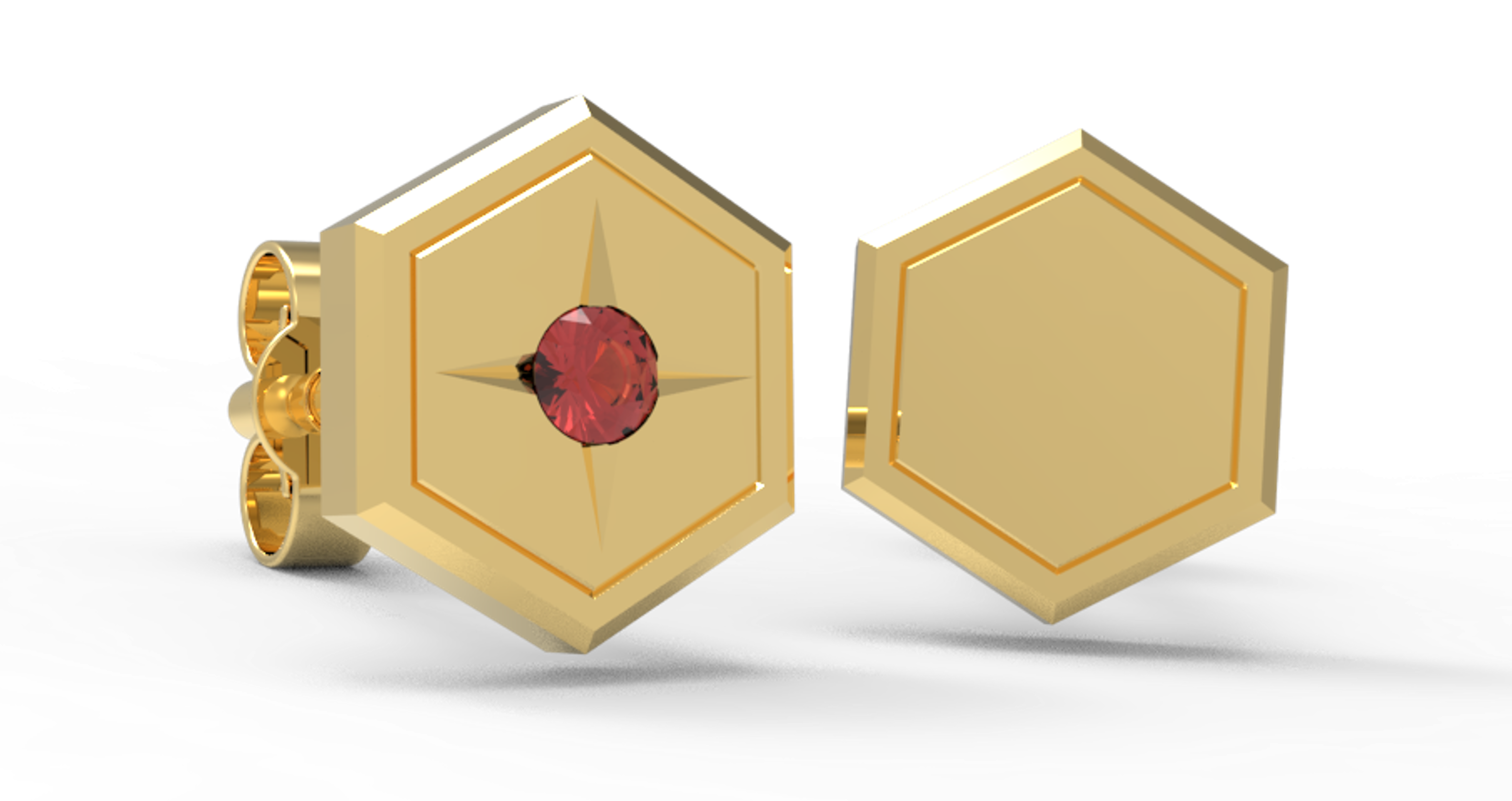 hexagonal gold earrings for men,  with ruby