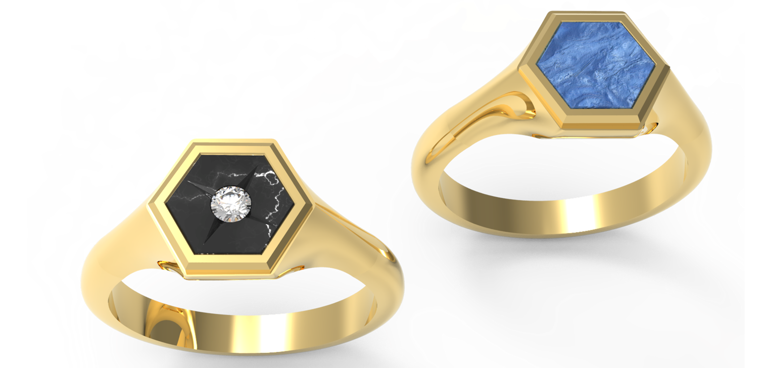 Gold rings with hexagonal stone for him