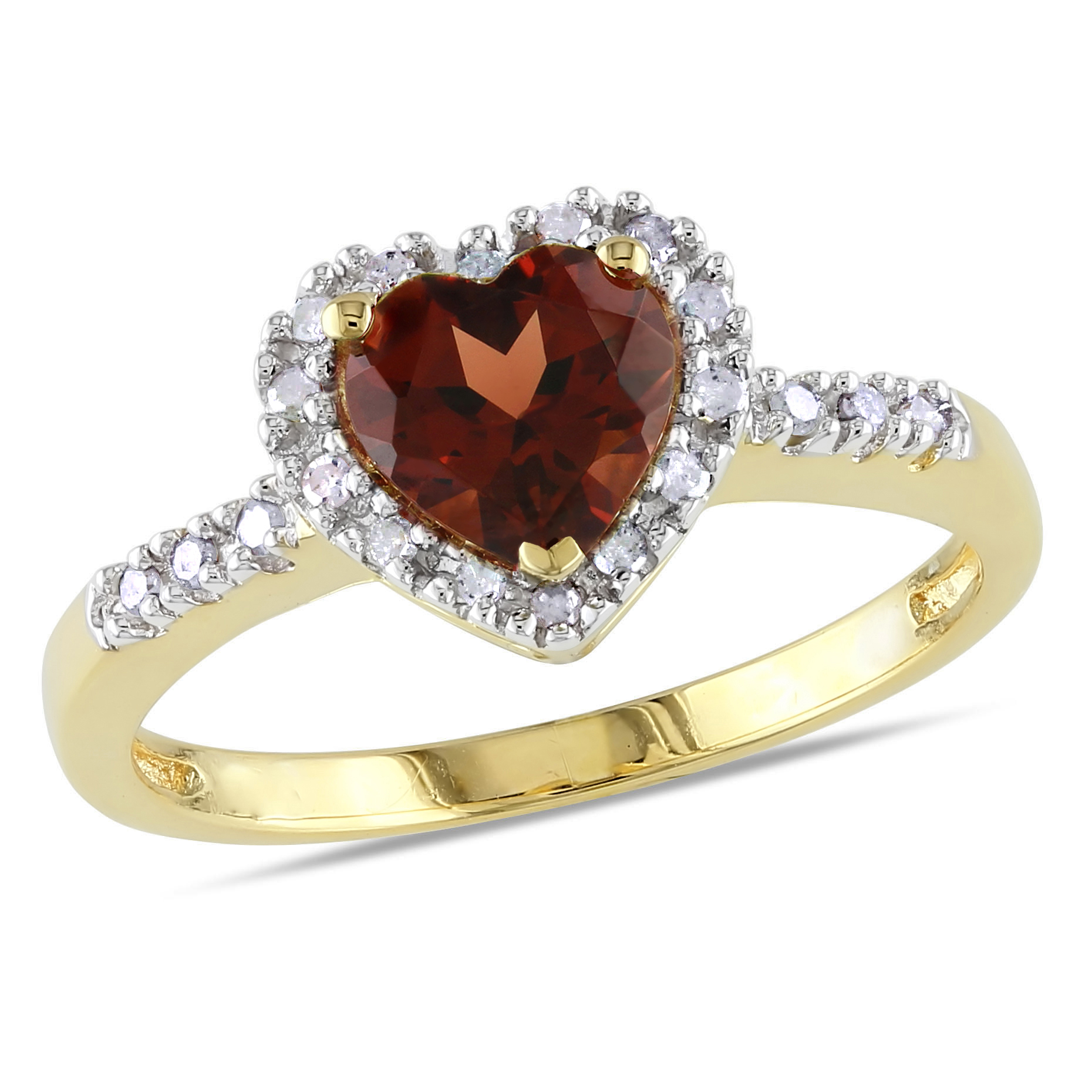 a heart-shaped garnet and diamond ring in yellow gold